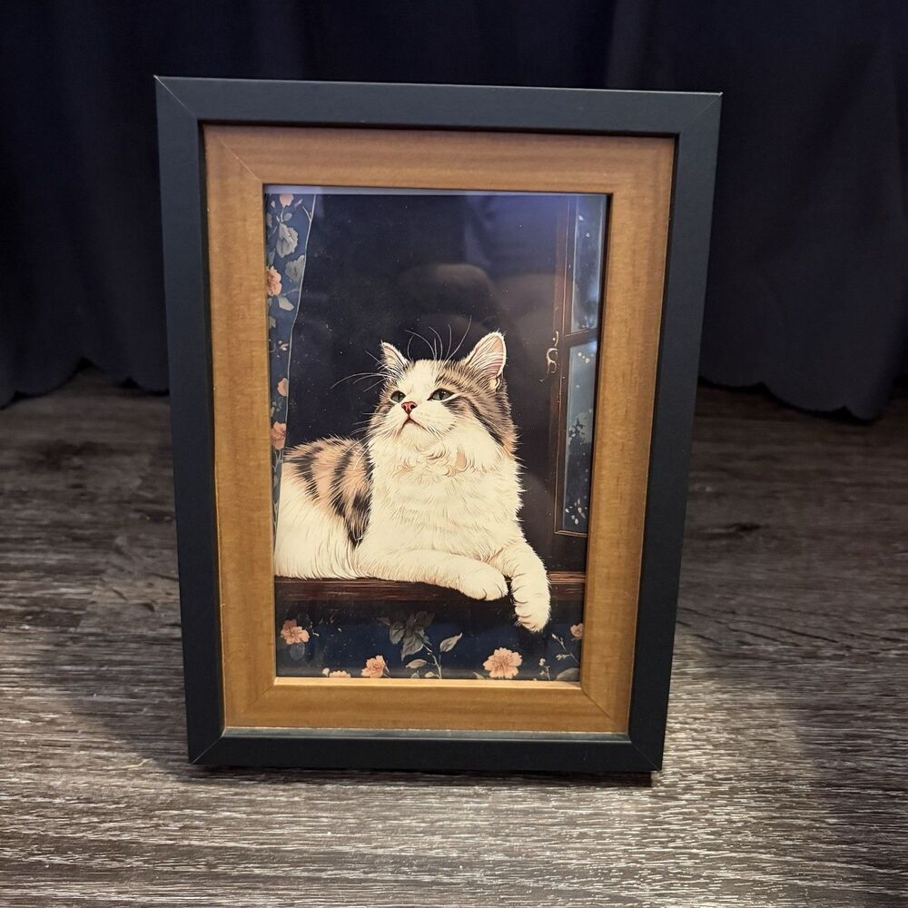 White Brown Sitting Cat Artwork Picture Black Wood Tone 5.5x7.5 Frame